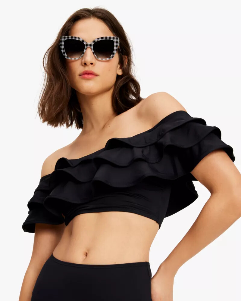 ruffle off-the-shoulder bikini top black