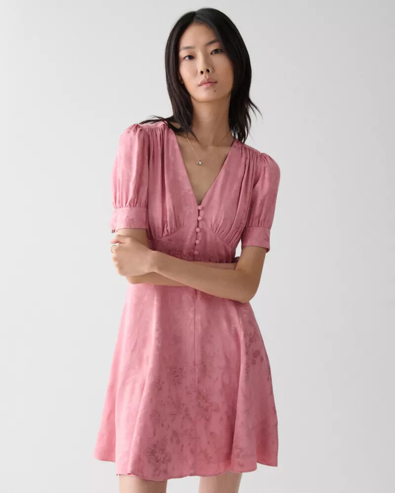 fluid jacquard puff sleeve mini dress serene pink