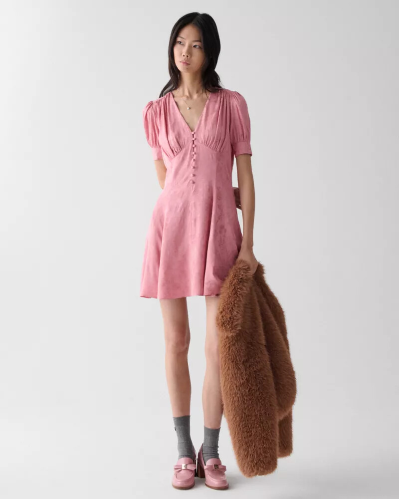 fluid jacquard puff sleeve mini dress serene pink
