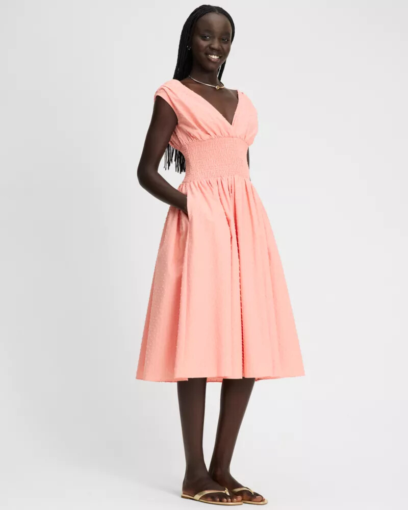 swiss dot smocked midi dress dark lychee