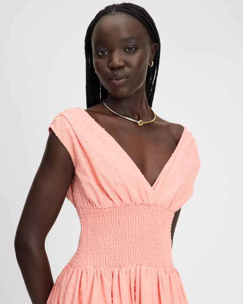 swiss dot smocked midi dress dark lychee