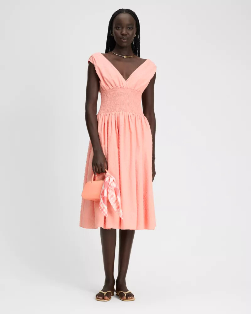 swiss dot smocked midi dress dark lychee