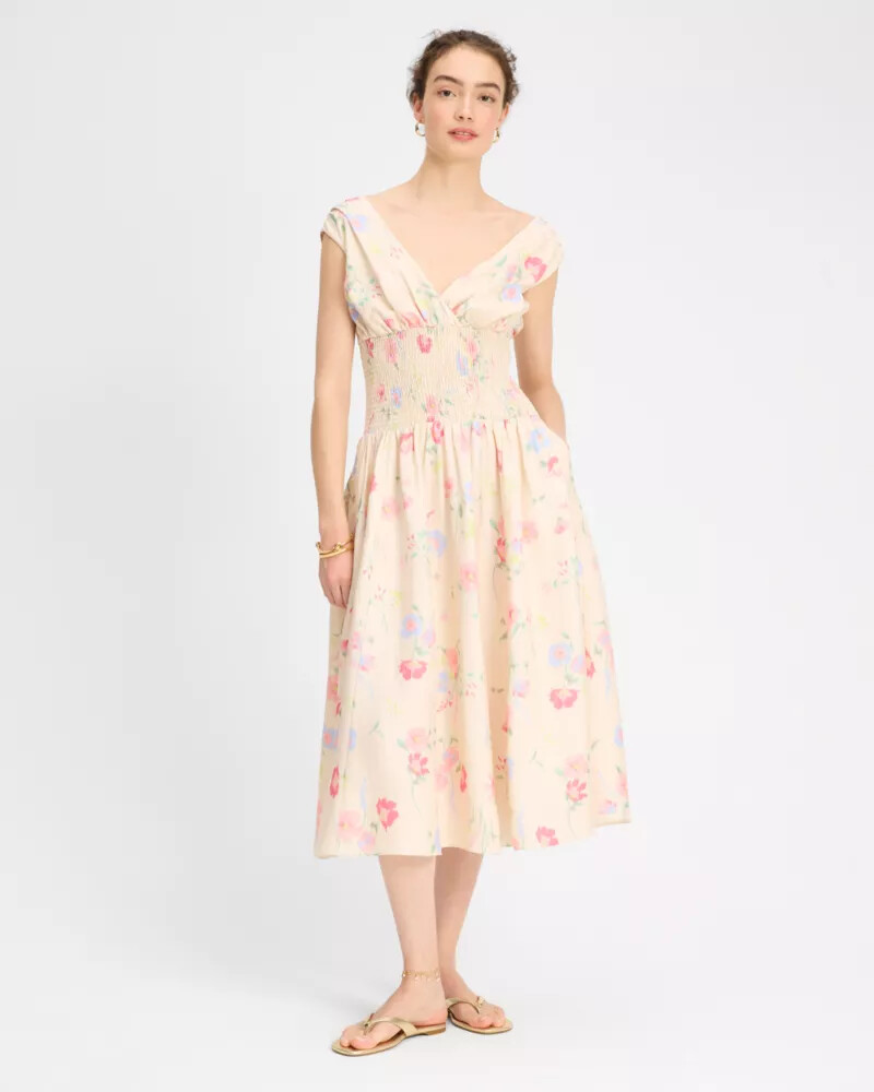 whimsical garden smocked midi dress antique pearl