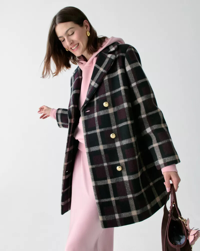 plaid double breasted coat black multi