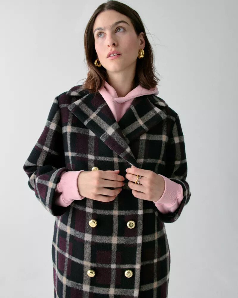 plaid double breasted coat black multi