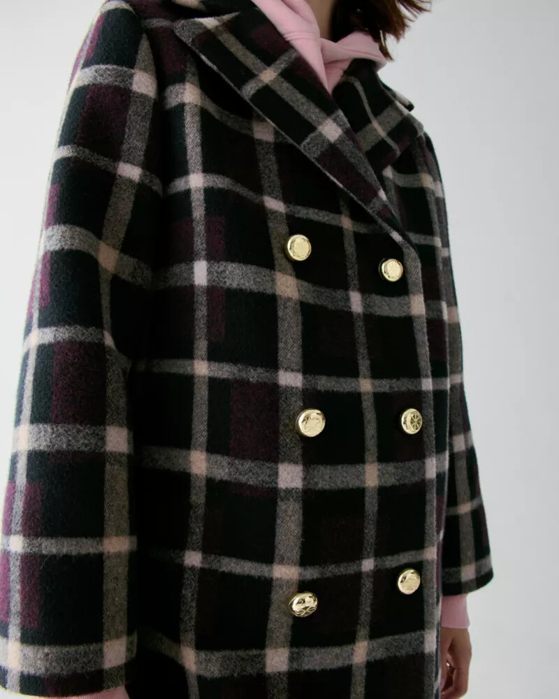 plaid double breasted coat black multi