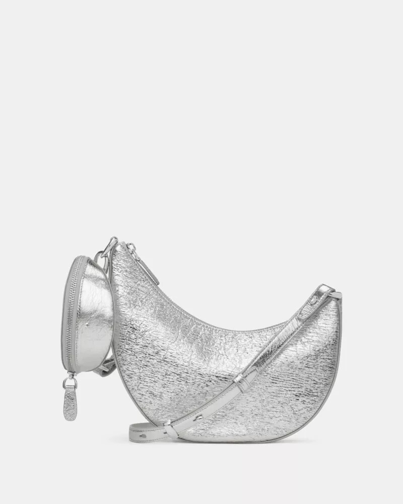 duo crinkle metallic leather crossbody bag silver