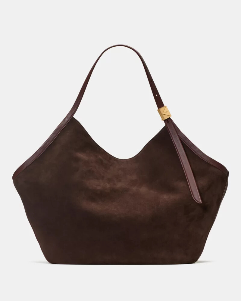 deco suede large tulip tote hot fudge