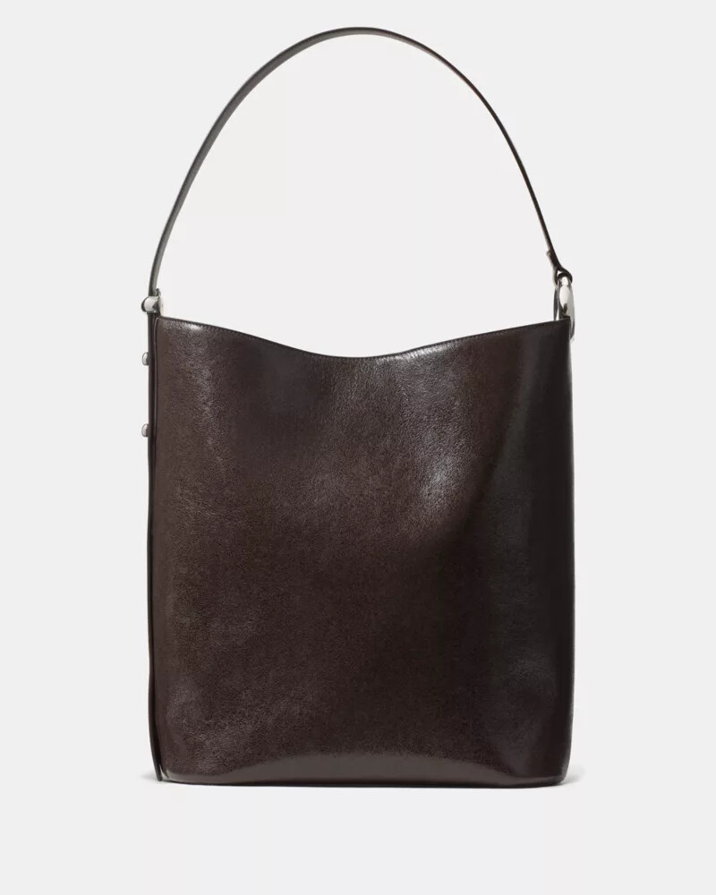 halo glazed leather large bucket bag hot fudge