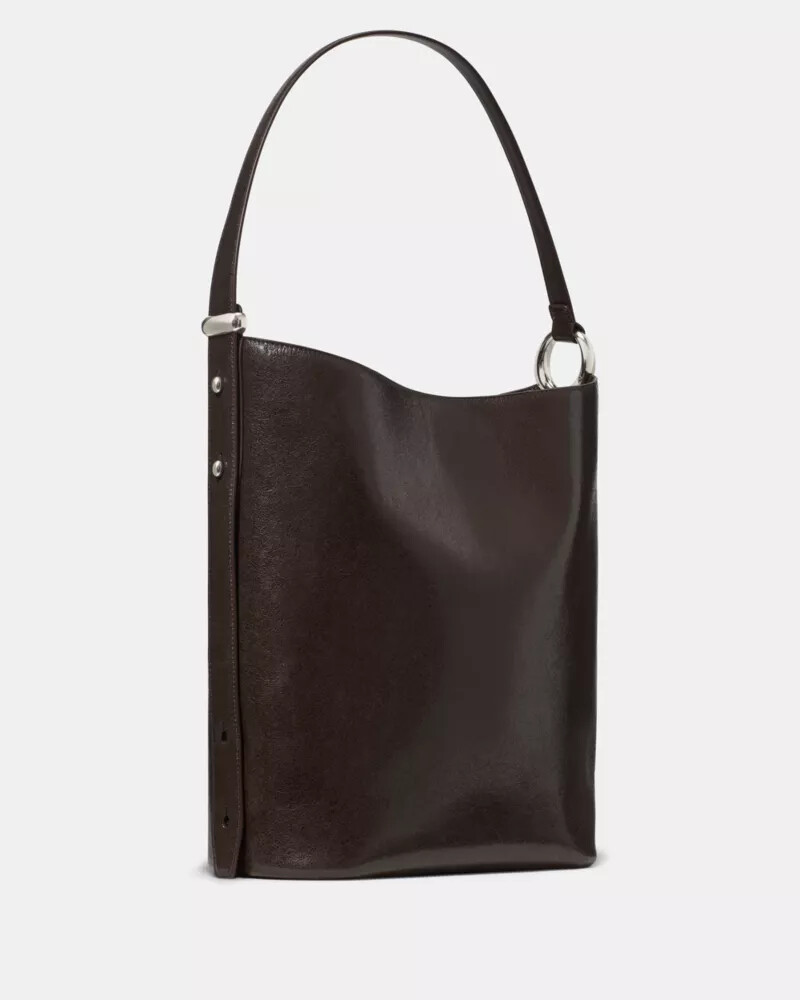 halo glazed leather large bucket bag hot fudge