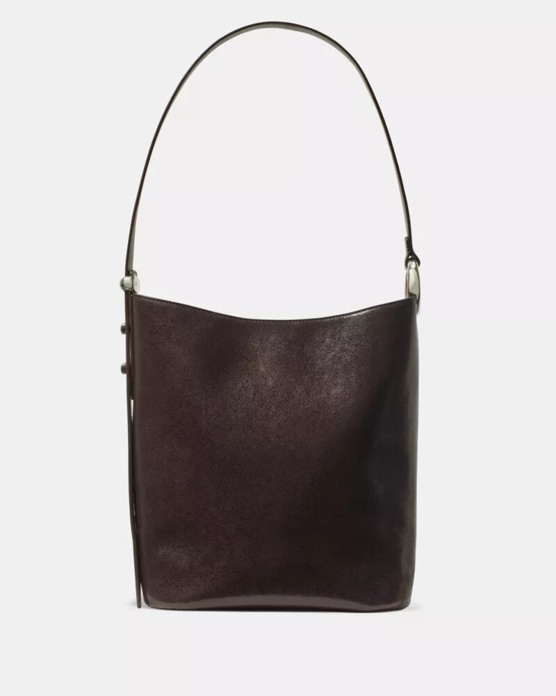 halo glazed leather bucket bag hot fudge
