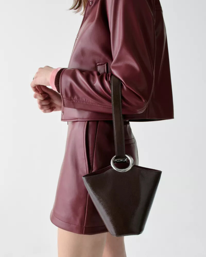 halo glazed leather mini bucket bag hot fudge