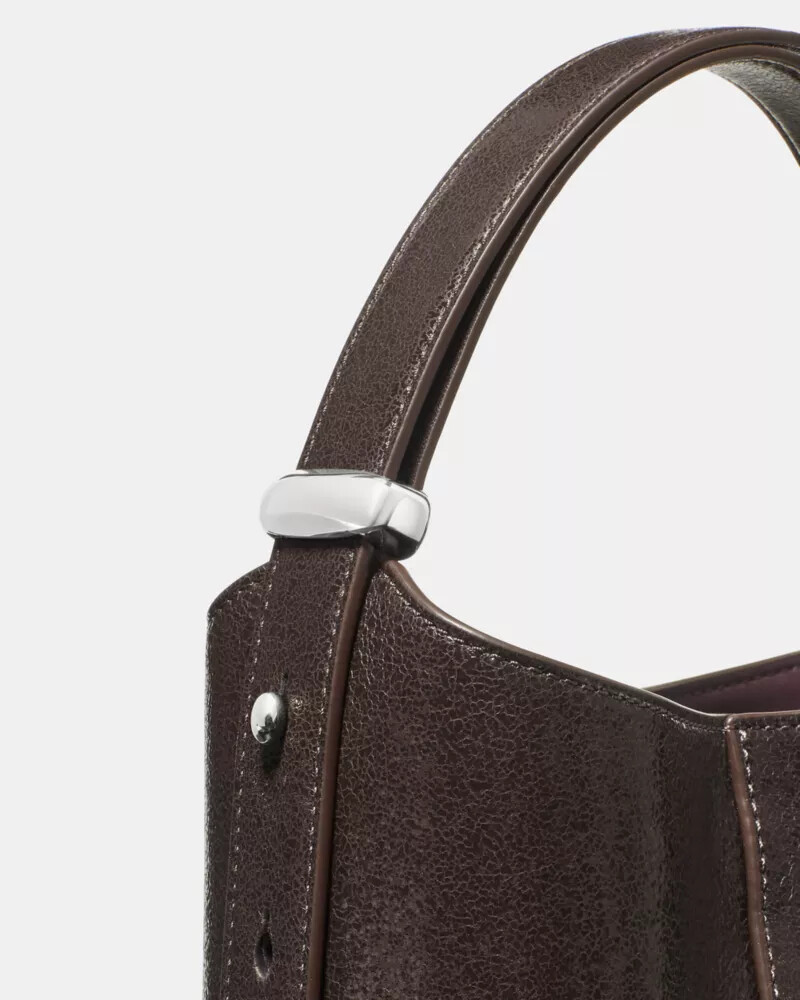 halo glazed leather mini bucket bag hot fudge
