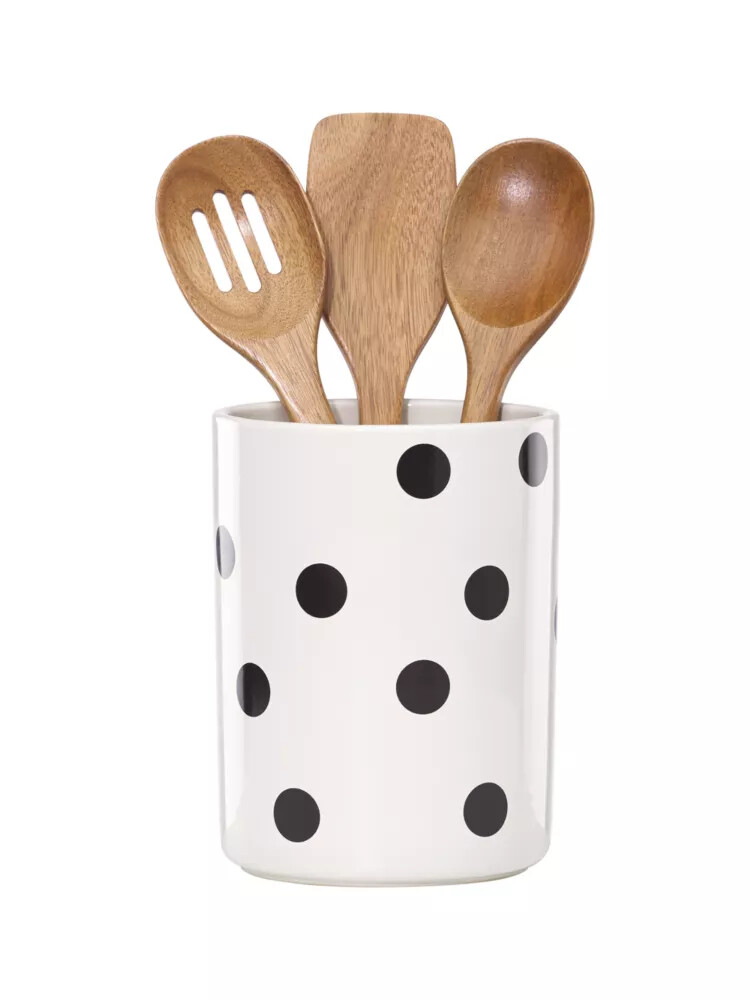 deco dot crock with 3 wooden utensils black
