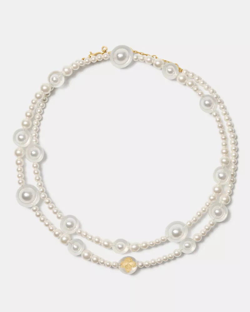 spade flower pearl long statement necklace white gold