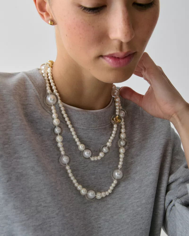 spade flower pearl long statement necklace white gold
