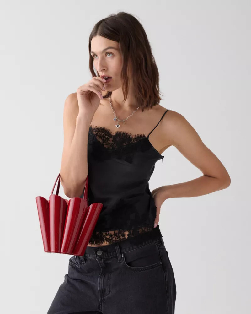 the patent spade flower bucket bag dark scarlet