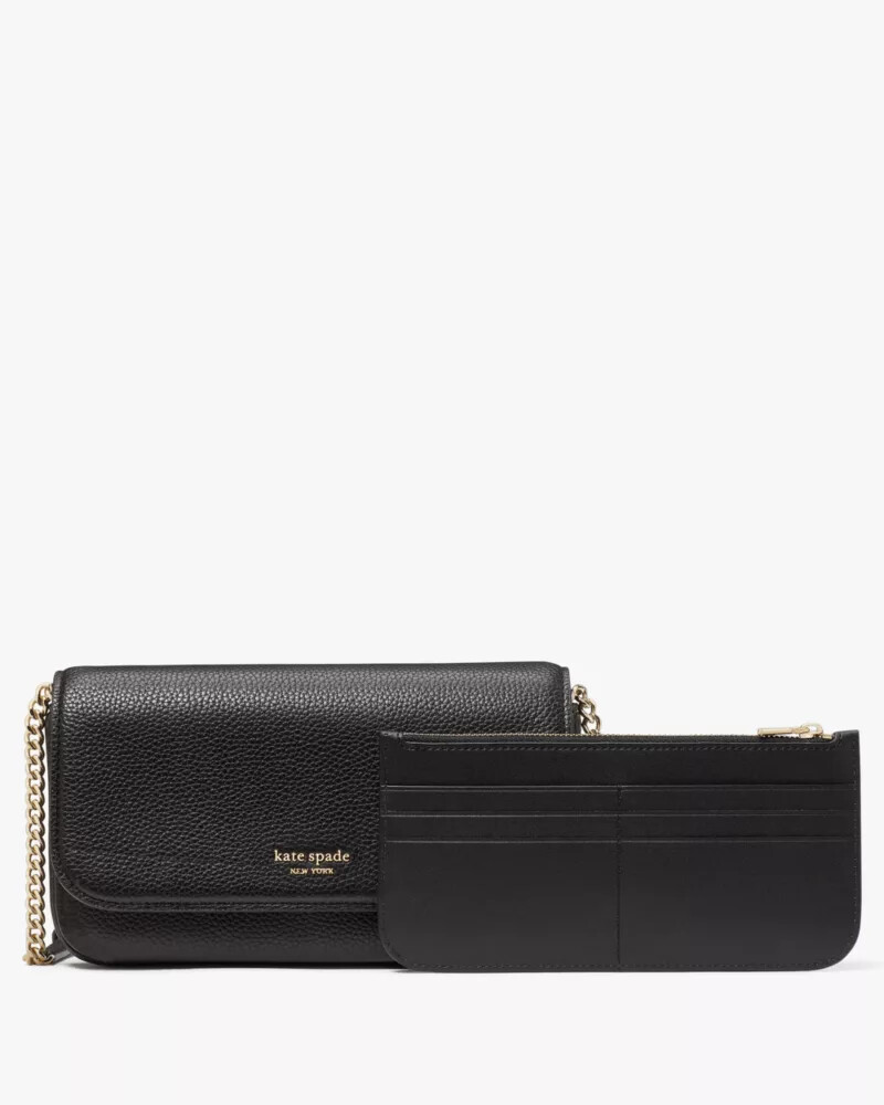 ava pebbled leather flap chain wallet black