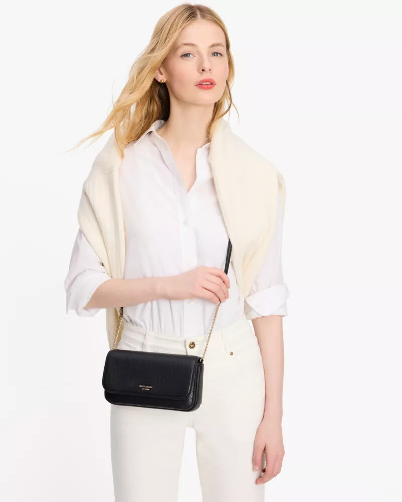 ava pebbled leather flap chain wallet black