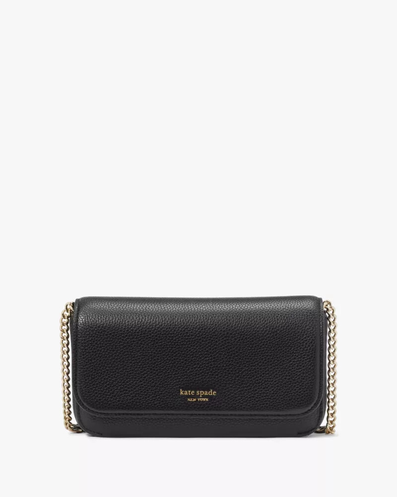 ava pebbled leather flap chain wallet black