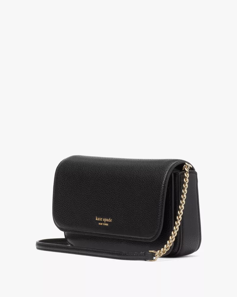 ava pebbled leather flap chain wallet black