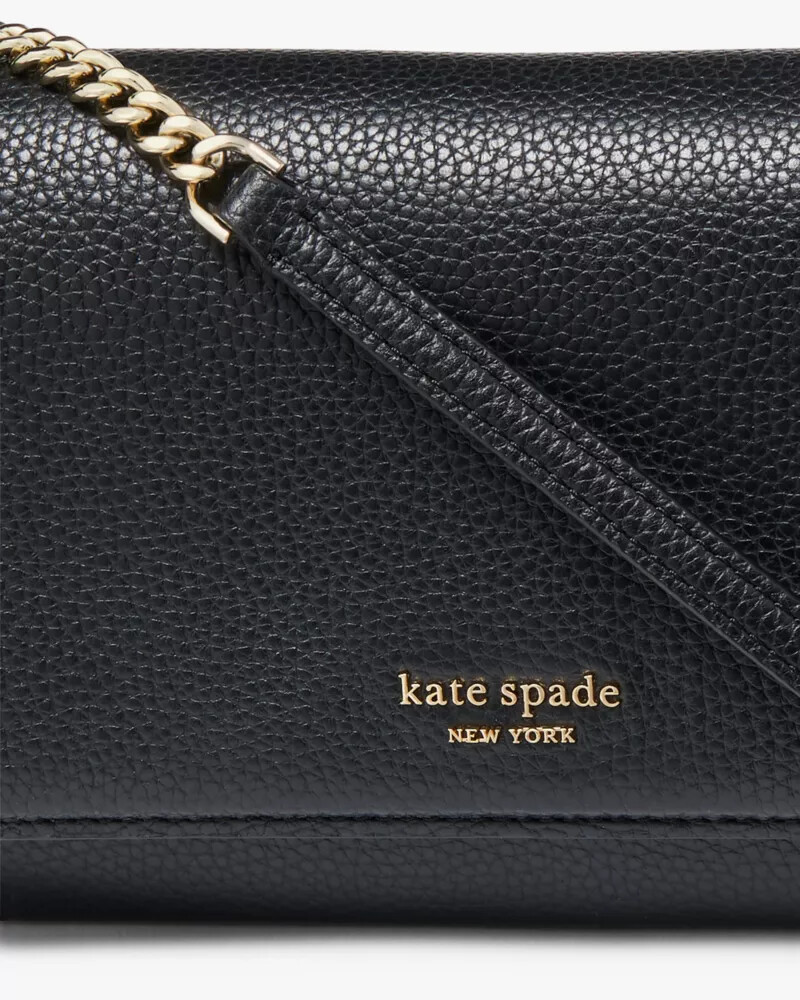 ava pebbled leather flap chain wallet black