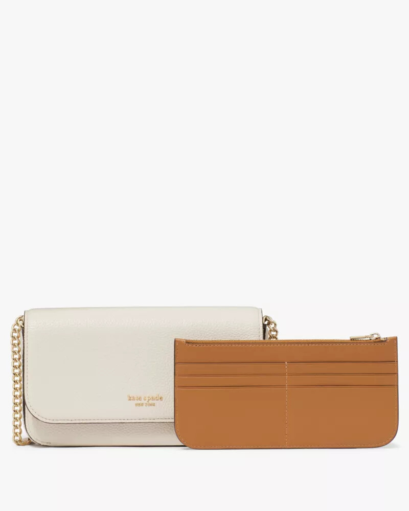 ava pebbled leather flap chain wallet parchment