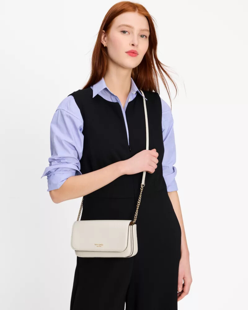 ava pebbled leather flap chain wallet parchment