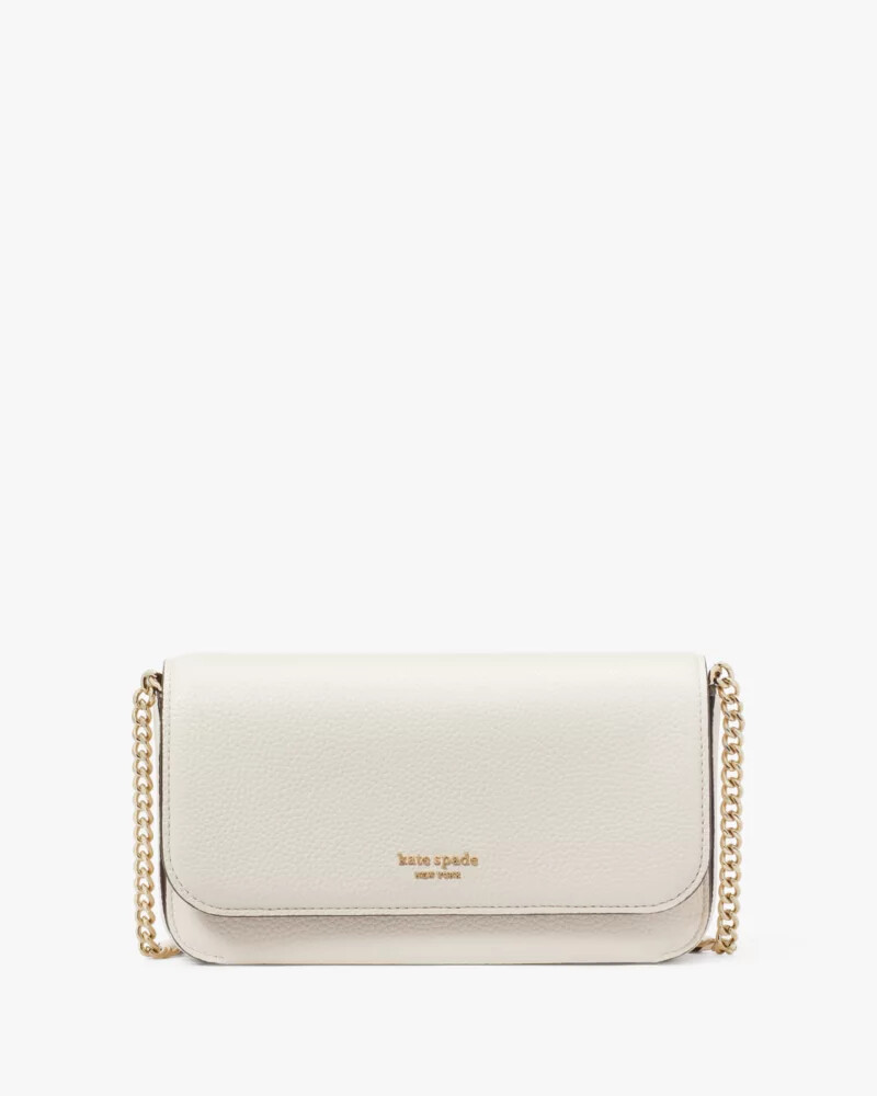 ava pebbled leather flap chain wallet parchment