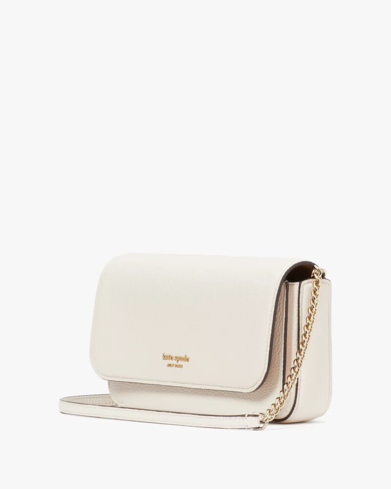 ava pebbled leather flap chain wallet parchment